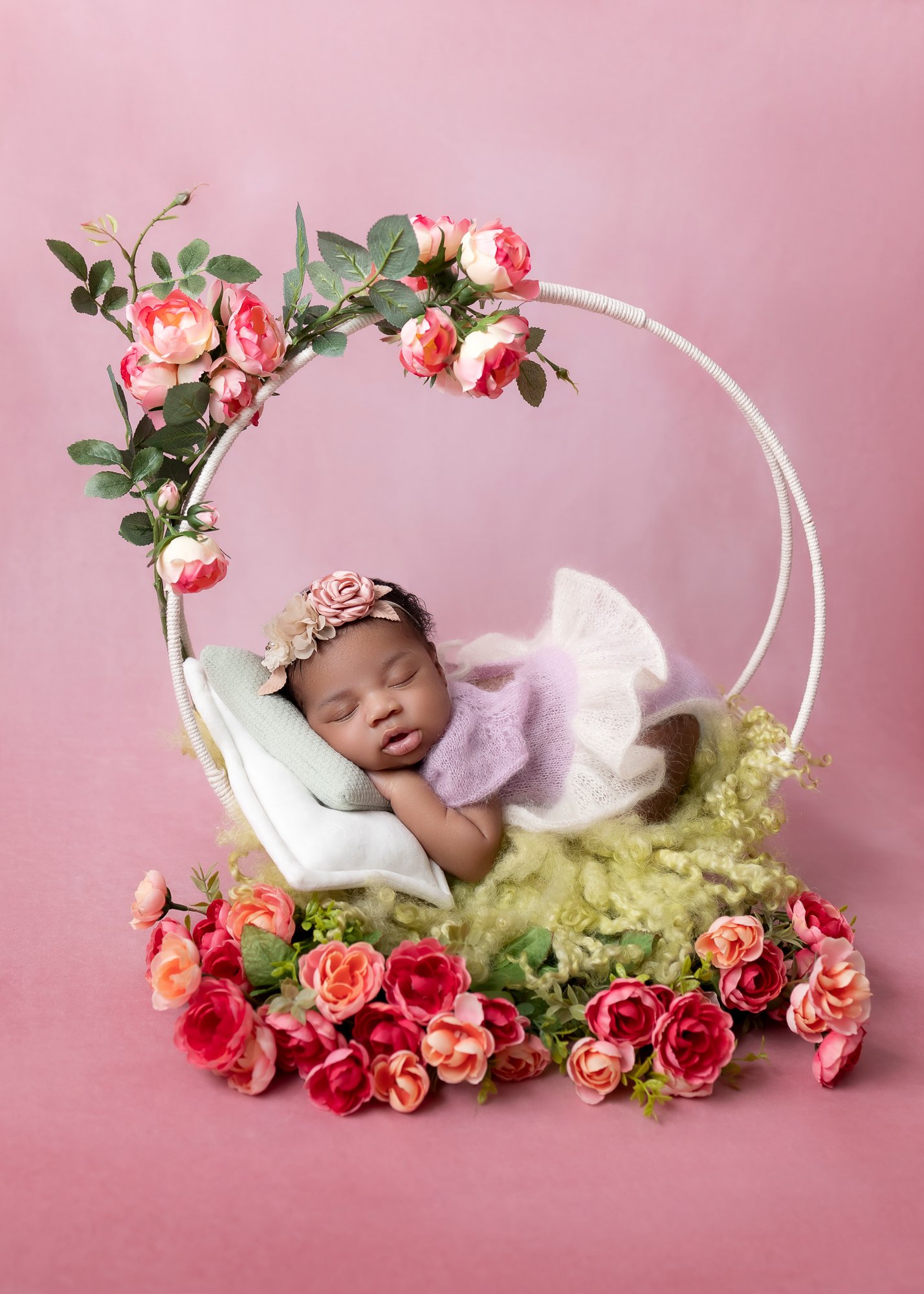 Newborn girl in lavender outfit in floral hoop swing with roses — IDTPhoto Aurora IL newborn photographer