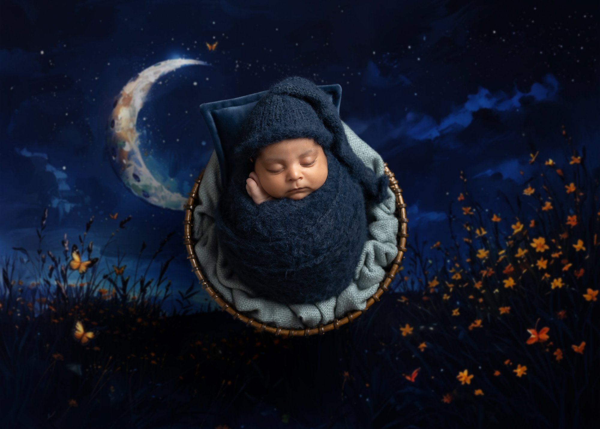 Newborn in navy wrap in basket with moonlit night sky background — IDTPhoto