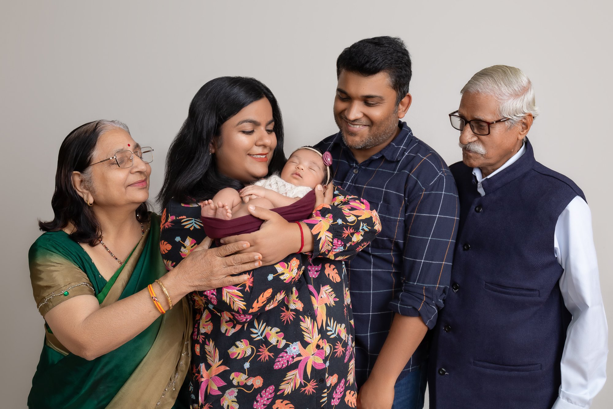 Three-generation family portrait with newborn and grandparents — IDTPhoto Aurora IL newborn photographer